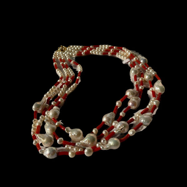 Collana 3 fili Corallo rosso Sardegna e Perle
