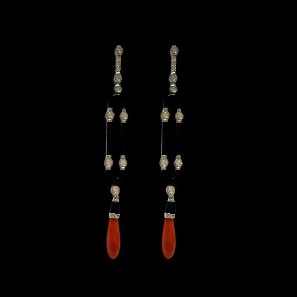 Orecchini Corallo Rosso e Onice - Art Decò