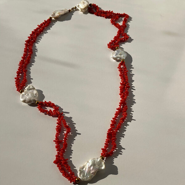 Collana 2 fili Corallo rosso Sardegna e Perle scaramazze