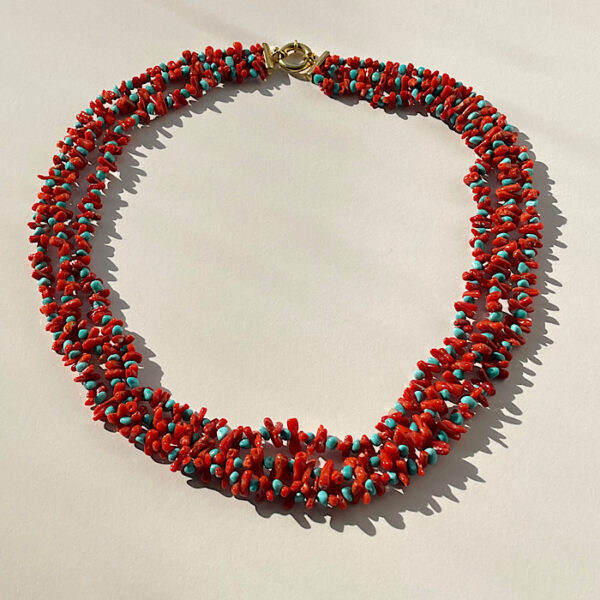 Collana 3 fili Corallo rosso Sardegna e Turchese autentico